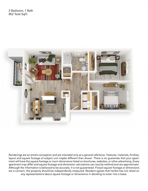 Floor plan for 2 beds, 1 bath, 852 sqft